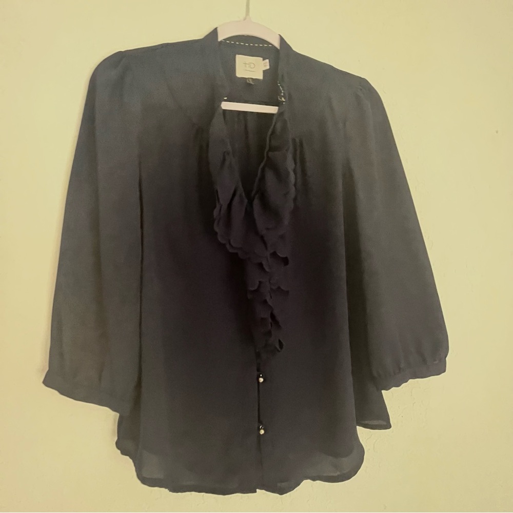 HD in Paris Dark Navy Ruffle Front Blouse - Women's Top Size 4